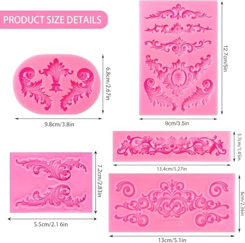 5 Pcs Baroque Silicone Molds Baroque Style Curlicues Scroll Lace Fondant Silicone Mold Scroll silicone Baroque Mold Relief Flower Lace Mould for Wedding Birthday Cake Decoration