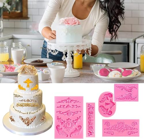 5 Pcs Baroque Silicone Molds Baroque Style Curlicues Scroll Lace Fondant Silicone Mold Scroll silicone Baroque Mold Relief Flower Lace Mould for Wedding Birthday Cake Decoration