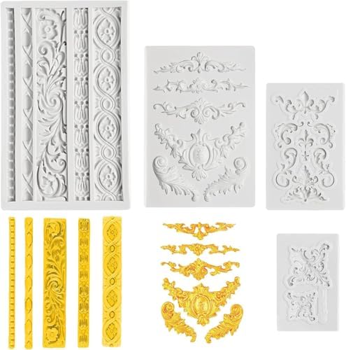5 Pcs Baroque Silicone Molds Baroque Style Curlicues Scroll Lace Fondant Silicone Mold Scroll silicone Baroque Mold Relief Flower Lace Mould for Wedding Birthday Cake Decoration