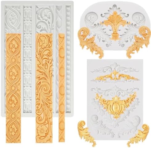 5 Pcs Baroque Silicone Molds Baroque Style Curlicues Scroll Lace Fondant Silicone Mold Scroll silicone Baroque Mold Relief Flower Lace Mould for Wedding Birthday Cake Decoration