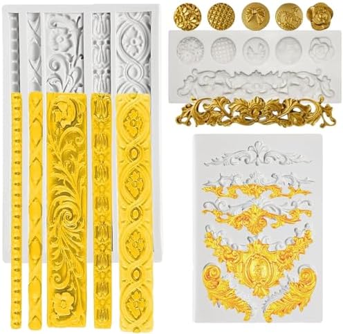 5 Pcs Baroque Silicone Molds Baroque Style Curlicues Scroll Lace Fondant Silicone Mold Scroll silicone Baroque Mold Relief Flower Lace Mould for Wedding Birthday Cake Decoration