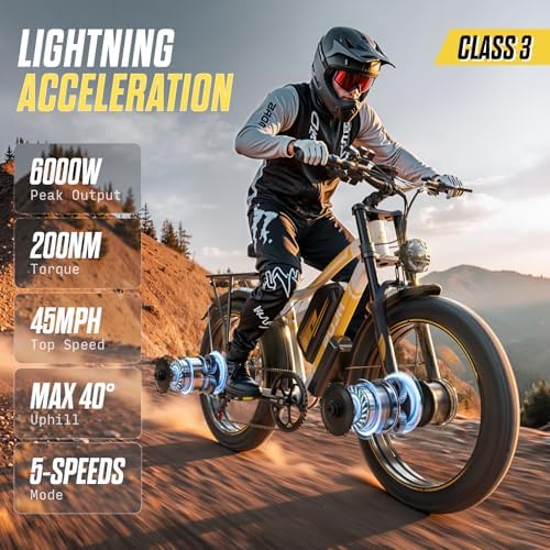 6000W Dual Motor Electric Bike for Adults Max 45MPH Up to 100 Miles Range 60V 20Ah Removable Battery with 24/26 Fat Tire Ebike for Men Women Full Suspension E Bike for All Terrain PU2