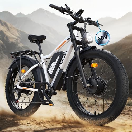 6000W Dual Motor Electric Bike for Adults Max 45MPH Up to 100 Miles Range 60V 20Ah Removable Battery with 24/26 Fat Tire Ebike for Men Women Full Suspension E Bike for All Terrain PU2
