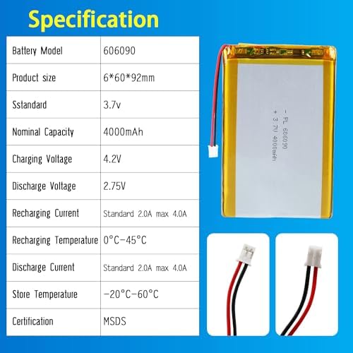 606090 3 7V Lipo Battery 4000mAh 606090 Rechargeable Lithium Polymer Battery Pack with JST PH2 0mm Connector for Electronic Device