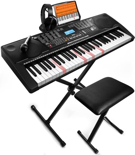 61 Key Portable Electronic Keyboard Piano w/Lighted Full Size Keys  LCD  Headphones  X Stand  Stool  Music Rest  Microphone  Note Stickers  Built In Speakers 3 Teaching Modes