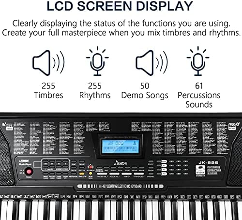 61 Key Portable Electronic Keyboard Piano w/Lighted Full Size Keys  LCD  Headphones  X Stand  Stool  Music Rest  Microphone  Note Stickers  Built In Speakers 3 Teaching Modes