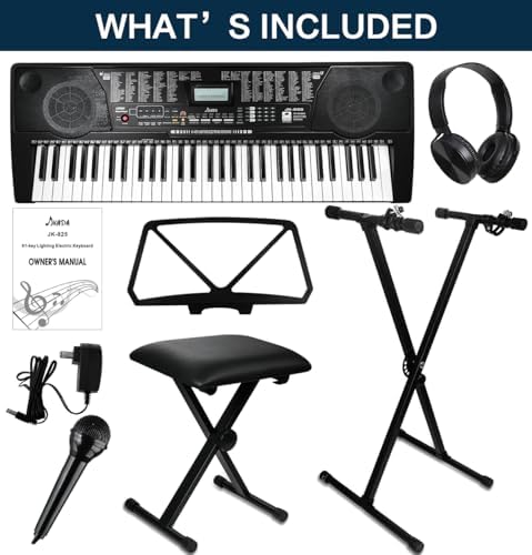 61 Key Portable Electronic Keyboard Piano w/Lighted Full Size Keys  LCD  Headphones  X Stand  Stool  Music Rest  Microphone  Note Stickers  Built In Speakers 3 Teaching Modes