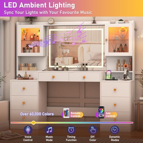 62 Large White Vanity Desk w/ Tempered Glass Top 60000 color LED Lights Power Outlet  Make up Vanity w/ 3 Lights Mode LED Mirror 9 Drawers 2 RGB Cabinet LEDs Vanitys Table for Women Girls