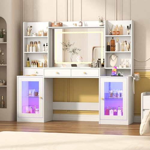 62 Large White Vanity Desk w/ Tempered Glass Top 60000 color LED Lights Power Outlet  Make up Vanity w/ 3 Lights Mode LED Mirror 9 Drawers 2 RGB Cabinet LEDs Vanitys Table for Women Girls