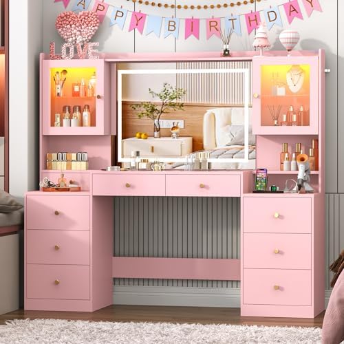 62 Large White Vanity Desk w/ Tempered Glass Top 60000 color LED Lights Power Outlet  Make up Vanity w/ 3 Lights Mode LED Mirror 9 Drawers 2 RGB Cabinet LEDs Vanitys Table for Women Girls