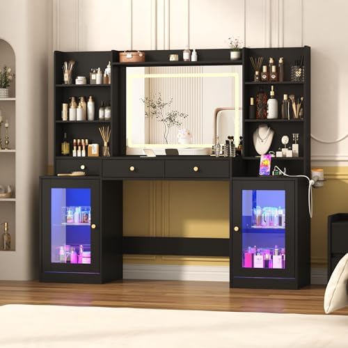 62 Large White Vanity Desk w/ Tempered Glass Top 60000 color LED Lights Power Outlet  Make up Vanity w/ 3 Lights Mode LED Mirror 9 Drawers 2 RGB Cabinet LEDs Vanitys Table for Women Girls