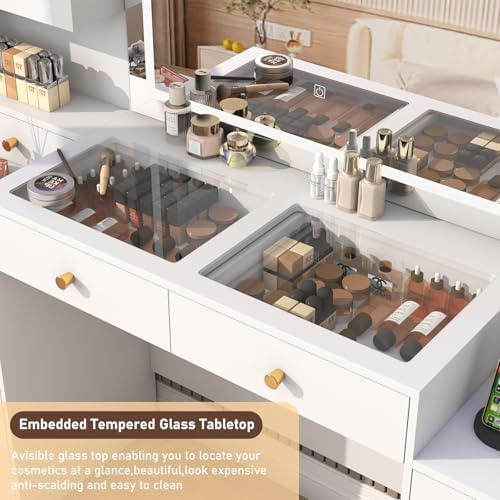 62 Large White Vanity Desk w/ Tempered Glass Top 60000 color LED Lights Power Outlet  Make up Vanity w/ 3 Lights Mode LED Mirror 9 Drawers 2 RGB Cabinet LEDs Vanitys Table for Women Girls