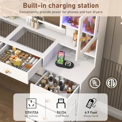 62 Large White Vanity Desk w/ Tempered Glass Top 60000 color LED Lights Power Outlet  Make up Vanity w/ 3 Lights Mode LED Mirror 9 Drawers 2 RGB Cabinet LEDs Vanitys Table for Women Girls