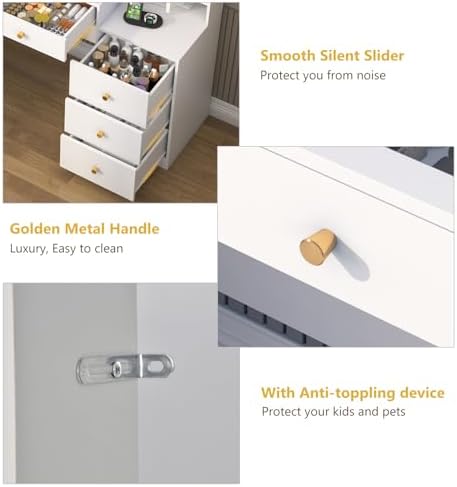 62 Large White Vanity Desk w/ Tempered Glass Top 60000 color LED Lights Power Outlet  Make up Vanity w/ 3 Lights Mode LED Mirror 9 Drawers 2 RGB Cabinet LEDs Vanitys Table for Women Girls