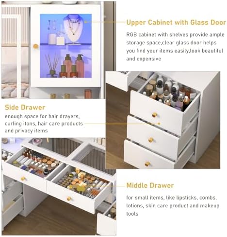 62 Large White Vanity Desk w/ Tempered Glass Top 60000 color LED Lights Power Outlet  Make up Vanity w/ 3 Lights Mode LED Mirror 9 Drawers 2 RGB Cabinet LEDs Vanitys Table for Women Girls