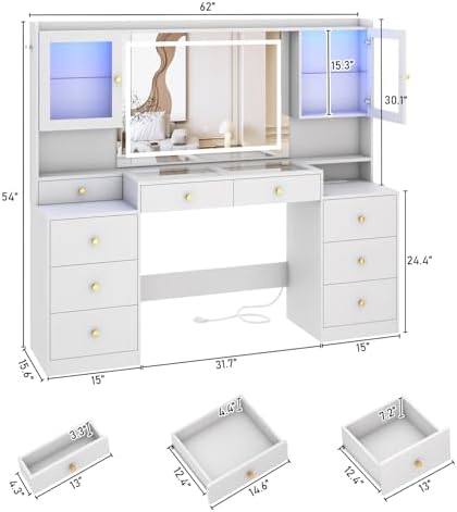 62 Large White Vanity Desk w/ Tempered Glass Top 60000 color LED Lights Power Outlet  Make up Vanity w/ 3 Lights Mode LED Mirror 9 Drawers 2 RGB Cabinet LEDs Vanitys Table for Women Girls