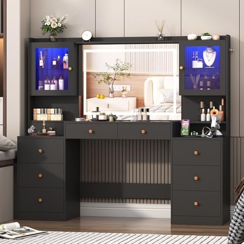 62 Large White Vanity Desk w/ Tempered Glass Top 60000 color LED Lights Power Outlet  Make up Vanity w/ 3 Lights Mode LED Mirror 9 Drawers 2 RGB Cabinet LEDs Vanitys Table for Women Girls