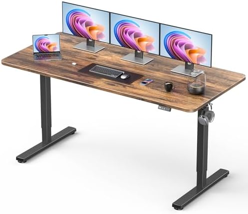 63 Electric Standing Desk Adjustable Height  Sit Stand up Desk for Home Office & Computer Workstation  2 Memory Height Settings  Splice Board  2 Hooks  Black Frame/Rustic Brown Top