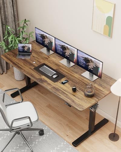 63 Electric Standing Desk Adjustable Height  Sit Stand up Desk for Home Office & Computer Workstation  2 Memory Height Settings  Splice Board  2 Hooks  Black Frame/Rustic Brown Top