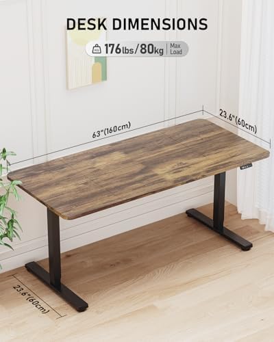 63 Electric Standing Desk Adjustable Height  Sit Stand up Desk for Home Office & Computer Workstation  2 Memory Height Settings  Splice Board  2 Hooks  Black Frame/Rustic Brown Top
