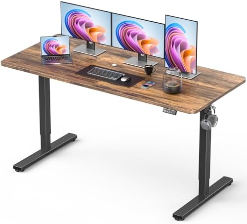 63 Electric Standing Desk Adjustable Height  Sit Stand up Desk for Home Office & Computer Workstation  2 Memory Height Settings  Splice Board  2 Hooks  Black Frame/Rustic Brown Top