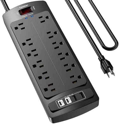 6 Ft Extension Cord Power Strip  Teiobar Surge Protector with 12 AC Outlets and 4 USB Ports for Home  Office  Dorm Essentials  1875W/15A  2700 Joules  ETL Listed  Black