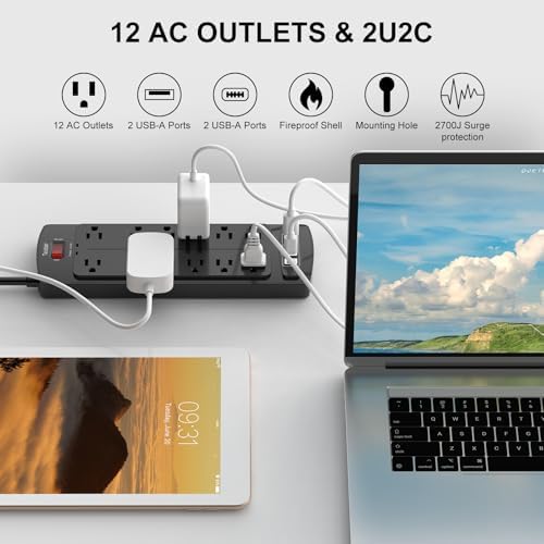 6 Ft Extension Cord Power Strip  Teiobar Surge Protector with 12 AC Outlets and 4 USB Ports for Home  Office  Dorm Essentials  1875W/15A  2700 Joules  ETL Listed  Black