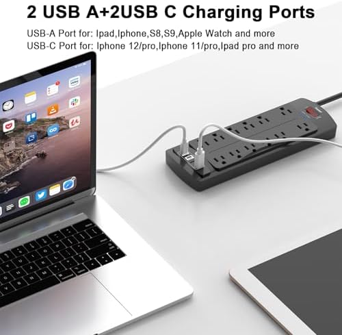 6 Ft Extension Cord Power Strip  Teiobar Surge Protector with 12 AC Outlets and 4 USB Ports for Home  Office  Dorm Essentials  1875W/15A  2700 Joules  ETL Listed  Black