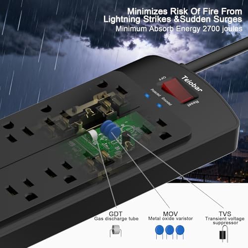 6 Ft Extension Cord Power Strip  Teiobar Surge Protector with 12 AC Outlets and 4 USB Ports for Home  Office  Dorm Essentials  1875W/15A  2700 Joules  ETL Listed  Black
