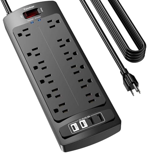 6 Ft Extension Cord Power Strip  Teiobar Surge Protector with 12 AC Outlets and 4 USB Ports for Home  Office  Dorm Essentials  1875W/15A  2700 Joules  ETL Listed  Black