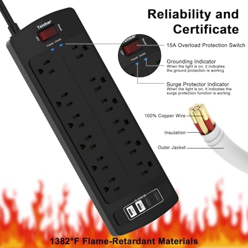 6 Ft Extension Cord Power Strip  Teiobar Surge Protector with 12 AC Outlets and 4 USB Ports for Home  Office  Dorm Essentials  1875W/15A  2700 Joules  ETL Listed  Black