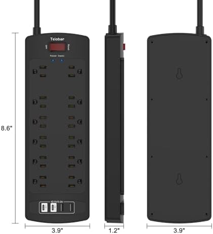 6 Ft Extension Cord Power Strip  Teiobar Surge Protector with 12 AC Outlets and 4 USB Ports for Home  Office  Dorm Essentials  1875W/15A  2700 Joules  ETL Listed  Black