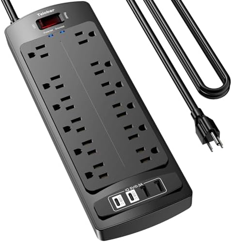 6 Ft Extension Cord Power Strip  Teiobar Surge Protector with 12 AC Outlets and 4 USB Ports for Home  Office  Dorm Essentials  1875W/15A  2700 Joules  ETL Listed  Black