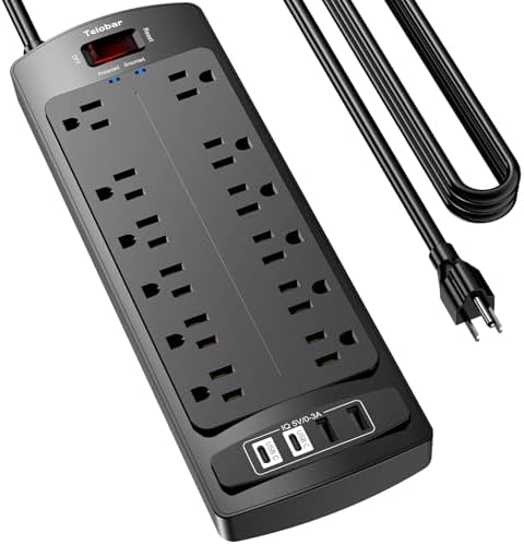 6 Ft Extension Cord Power Strip  Teiobar Surge Protector with 12 AC Outlets and 4 USB Ports for Home  Office  Dorm Essentials  1875W/15A  2700 Joules  ETL Listed  Black