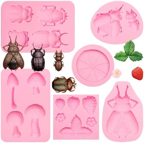 6 Pcs Silicone Mold Set  Nature Theme with Beetles  Mushrooms  Citrus  Strawberry and Leaves  Pink