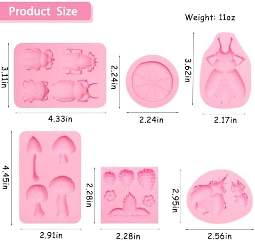 6 Pcs Silicone Mold Set  Nature Theme with Beetles  Mushrooms  Citrus  Strawberry and Leaves  Pink