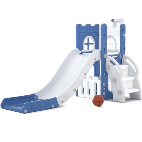 6 in 1 Toddler Slide for Toddler&Kids Kids Climber Slider for Indoor Outdoor Playground with Storage Telescope Basketball Hoop and L Shaped Slide for Toddler Climber Playset Blue