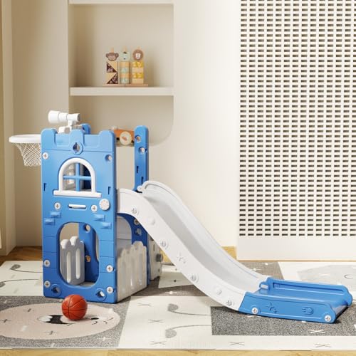 6 in 1 Toddler Slide for Toddler&Kids Kids Climber Slider for Indoor Outdoor Playground with Storage Telescope Basketball Hoop and L Shaped Slide for Toddler Climber Playset Blue