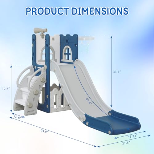 6 in 1 Toddler Slide for Toddler&Kids Kids Climber Slider for Indoor Outdoor Playground with Storage Telescope Basketball Hoop and L Shaped Slide for Toddler Climber Playset Blue