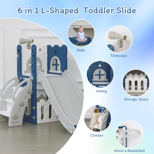 6 in 1 Toddler Slide for Toddler&Kids Kids Climber Slider for Indoor Outdoor Playground with Storage Telescope Basketball Hoop and L Shaped Slide for Toddler Climber Playset Blue