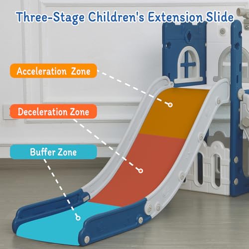 6 in 1 Toddler Slide for Toddler&Kids Kids Climber Slider for Indoor Outdoor Playground with Storage Telescope Basketball Hoop and L Shaped Slide for Toddler Climber Playset Blue