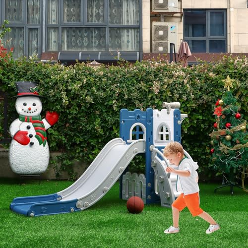 6 in 1 Toddler Slide for Toddler&Kids Kids Climber Slider for Indoor Outdoor Playground with Storage Telescope Basketball Hoop and L Shaped Slide for Toddler Climber Playset Blue