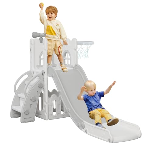 6 in 1 Toddler Slide for Toddler&Kids Kids Climber Slider for Indoor Outdoor Playground with Storage Telescope Basketball Hoop and L Shaped Slide for Toddler Climber Playset Blue