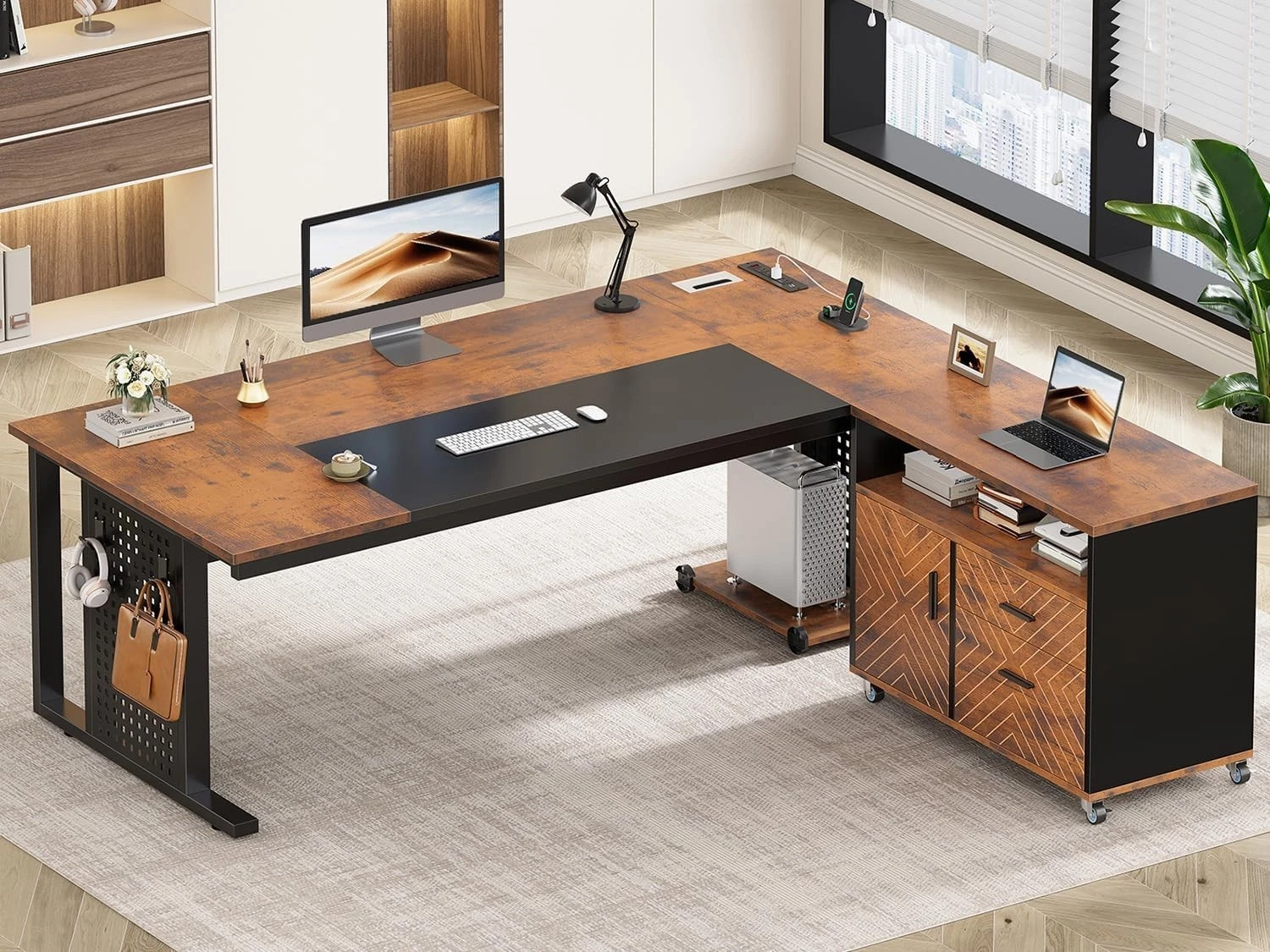 71" Executive Desk with Rolling File Cabinet  Modern L Shaped Computer Desk