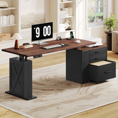 75 5 Inches Electric Standing Desk with Drawers Farmhouse Sit Stand Desk with Storage Adjustable Height Computer Desk with Power Outlets Printer Space for Home Office Black and Walnut