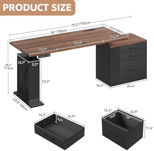 75 5 Inches Electric Standing Desk with Drawers Farmhouse Sit Stand Desk with Storage Adjustable Height Computer Desk with Power Outlets Printer Space for Home Office Black and Walnut