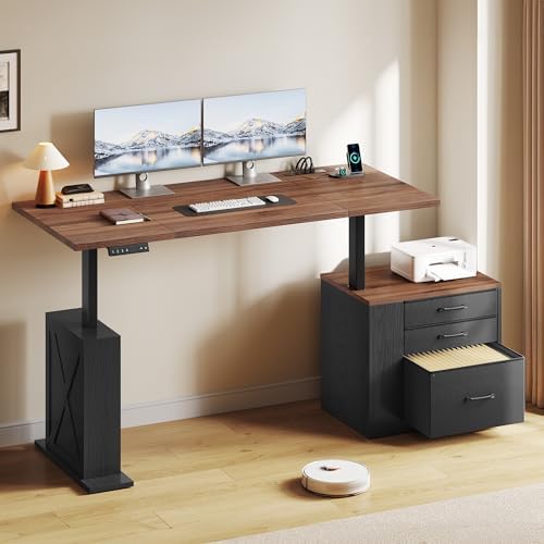 75 5 Inches Electric Standing Desk with Drawers Farmhouse Sit Stand Desk with Storage Adjustable Height Computer Desk with Power Outlets Printer Space for Home Office Black and Walnut
