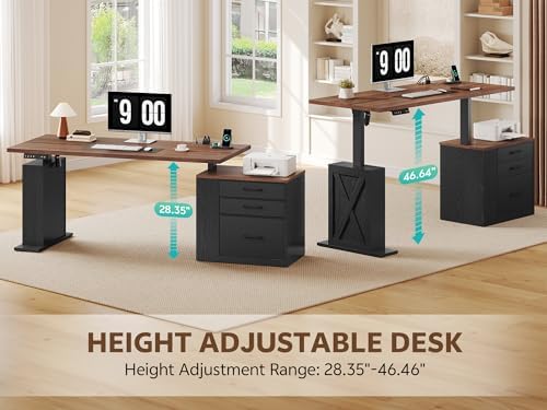 75 5 Inches Electric Standing Desk with Drawers Farmhouse Sit Stand Desk with Storage Adjustable Height Computer Desk with Power Outlets Printer Space for Home Office Black and Walnut