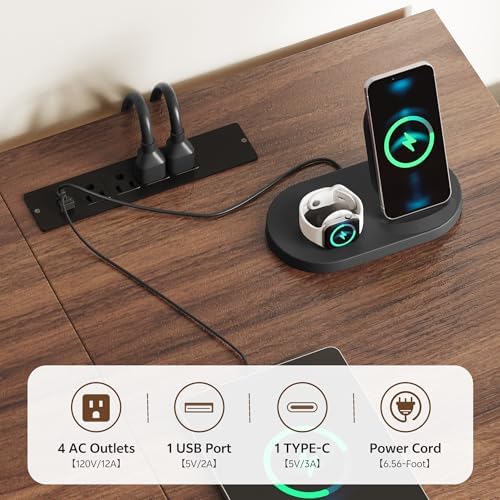 75 5 Inches Electric Standing Desk with Drawers Farmhouse Sit Stand Desk with Storage Adjustable Height Computer Desk with Power Outlets Printer Space for Home Office Black and Walnut