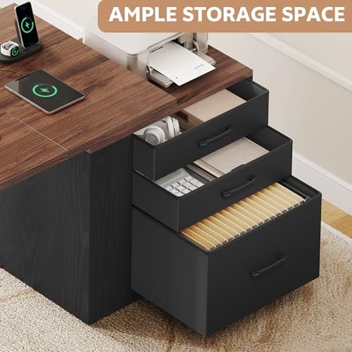 75 5 Inches Electric Standing Desk with Drawers Farmhouse Sit Stand Desk with Storage Adjustable Height Computer Desk with Power Outlets Printer Space for Home Office Black and Walnut